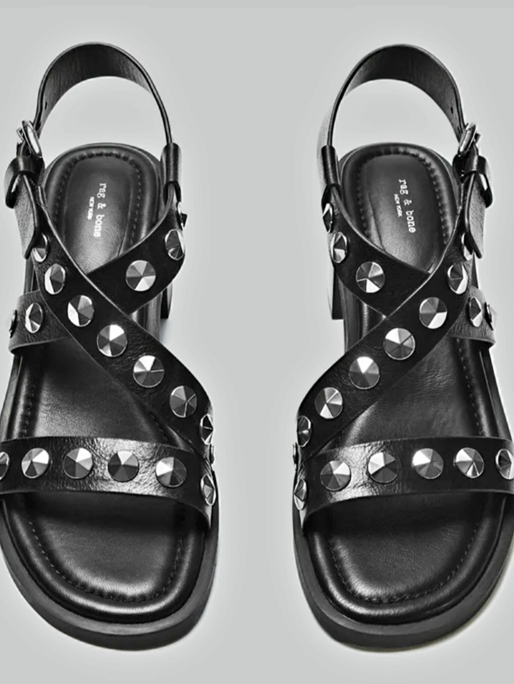 Rag & Bone Geo Studded Strap 100% LeatherBlack Sz 7.5/8US 37EU Block Heel 2inch